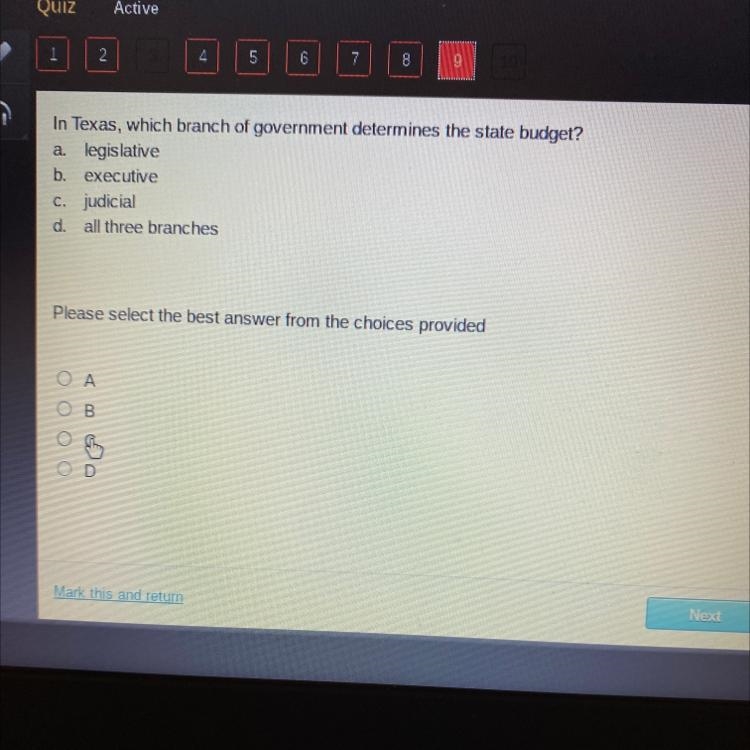 In Texas, which branch of government determines the state budget? a legislative b-example-1