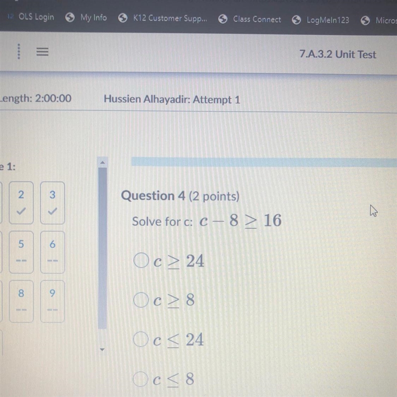 Solve for c: C-8 > 16 Oc> 24 Oc>8 Oc<24 Oc<8-example-1