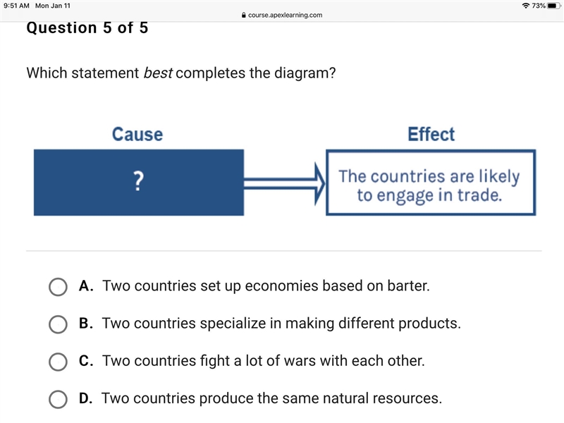 Which statement best completes the diagram? A. Two countries set up economies based-example-1