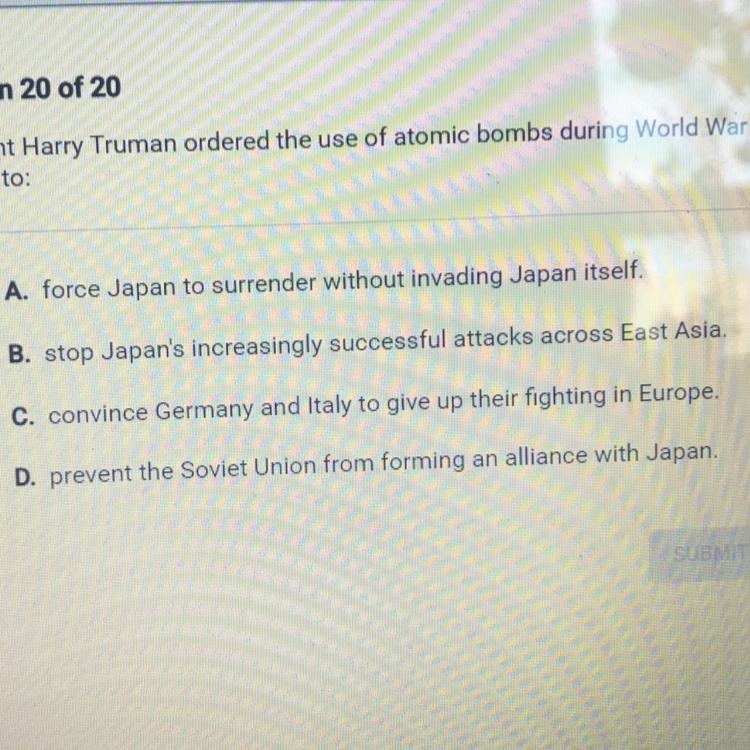 President harry Truman ordered the use of automatic bombs during World War II in order-example-1