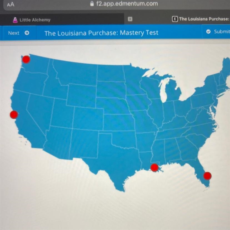 Select the correct location on the map. In 1803, the United States bought a large-example-1