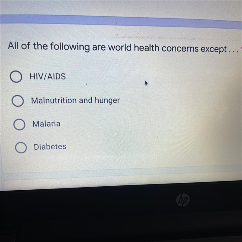 All of the following our world health concerns except. 1.HIV/AIDS 2.Malnutrition and-example-1