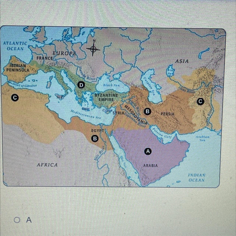 Which letter shows how far Islam had spread by 732, a century after Muhammad's death-example-1