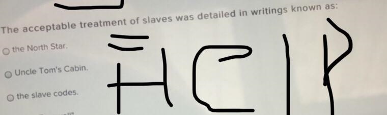 The acceptable of slaves was detailed in writings known as ? ( no links aloud )-example-1