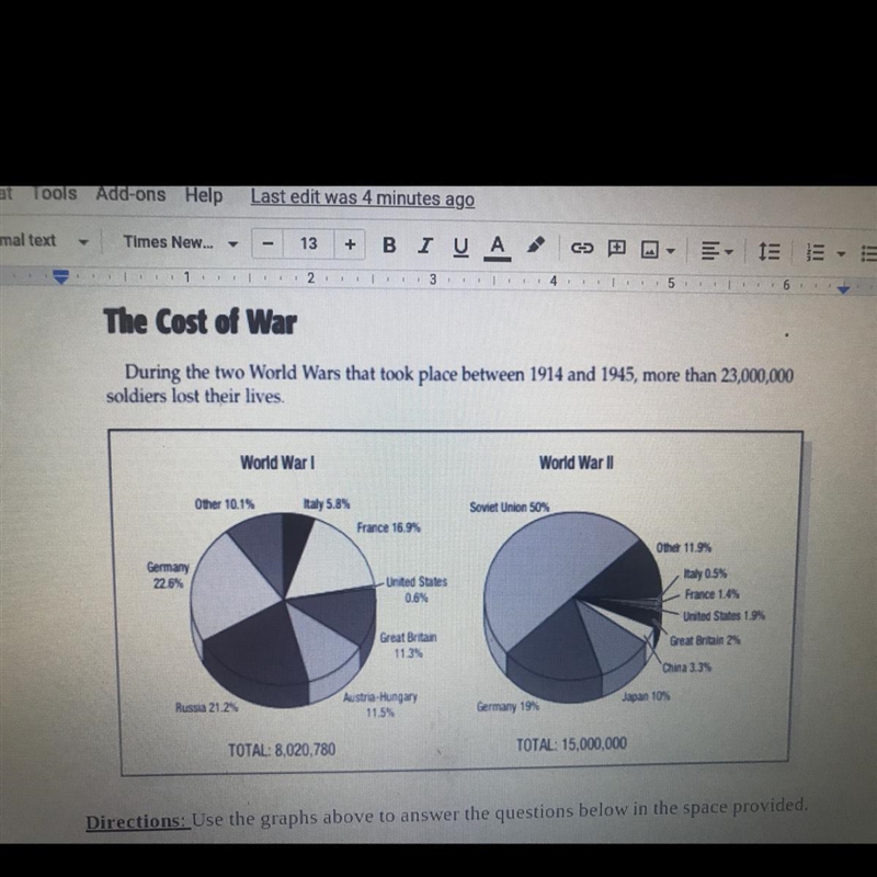 1. Based on the total number of military deaths, World War II was almost how many-example-1