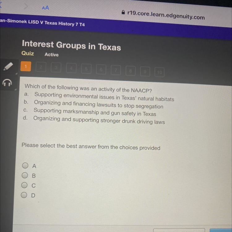 Which of the following was an activity of the NAACP? a Supporting environmental issues-example-1