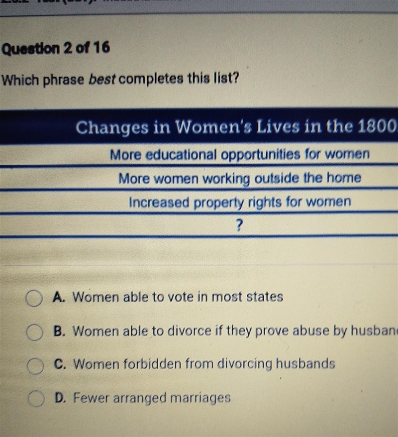 Which phrase best completes this list? Changes in Women's Lives in the 1800s More-example-1