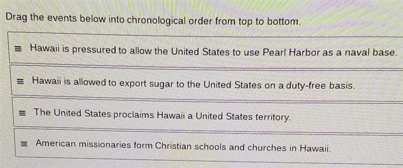 Drag the events below into chronological order from top to bottom. Hawaii is pressured-example-1