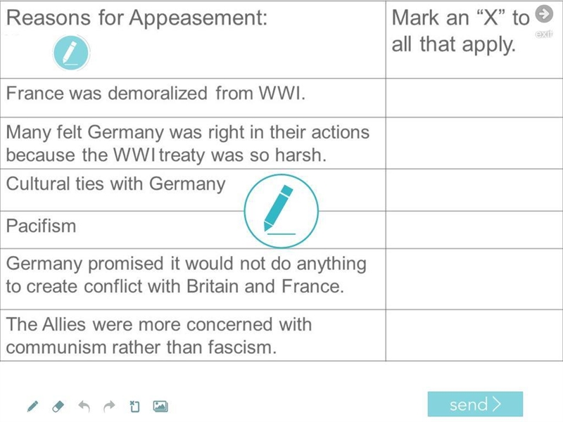 Reasons for appeasement. Mark an "x" to all that apply.-example-1