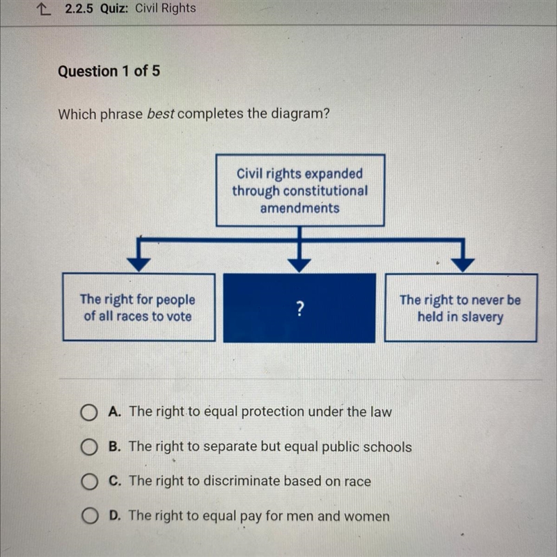 Which phrase best completes the diagram? Civil rights expanded through constitutional-example-1