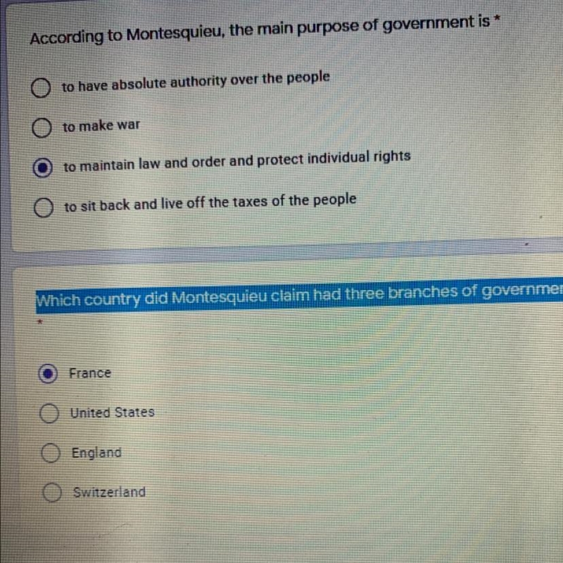 Which country did Montesquieu claim had three branches of government?-example-1