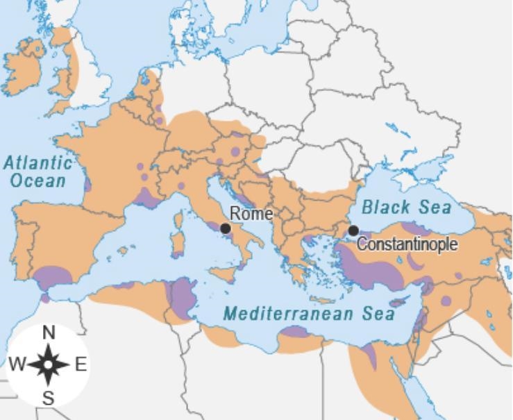 The map shows the Roman Empire between 325 and 500 CE. What title best describes the-example-1