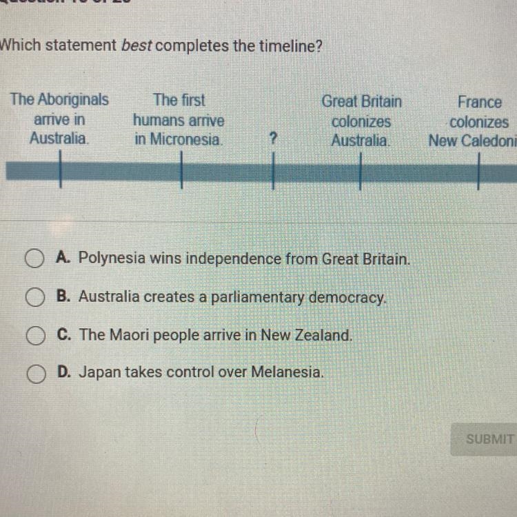 Which statement best completes the timeline? Aboriginals arrive in Australia. The-example-1