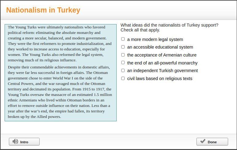 The Young Turks were ultimately nationalists who favored political reform: eliminating-example-1