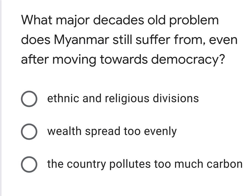 What major decades old problem does Myanmar still suffer from, even after moving towards-example-1