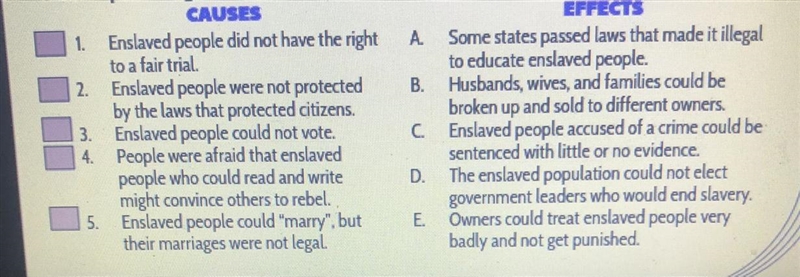 Match each cause with an effect to learn a few tragic consequences of slavery. Put-example-1