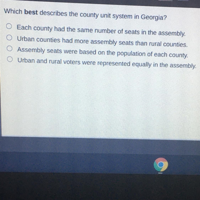 Which best describes the county unit system in Georgia? Each county had the same number-example-1