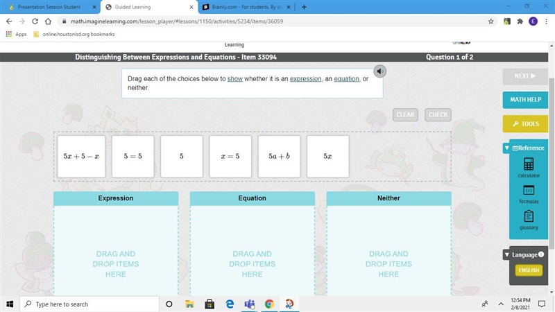 Drag each of the choices below to show whether it is an expression, an equation, or-example-1