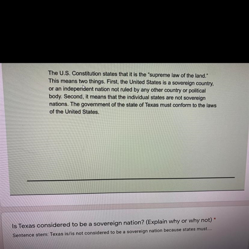 Question: Is texas considered to be a sovereign nation? (Explain why or why not)-example-1