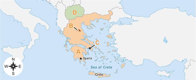 A map titled Greece. The map has labels A through D. A is on a peninsula with Sparta-example-1