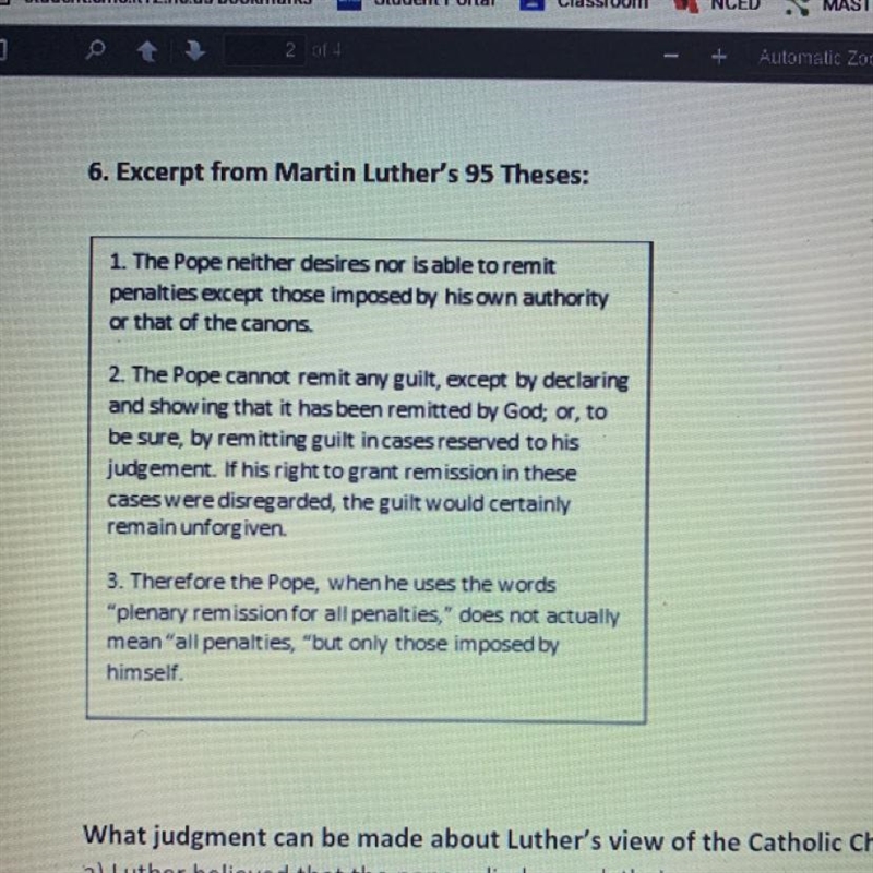 6. Excerpt from Martin Luther's 95 Theses: What judgment can be made about Luther-example-1