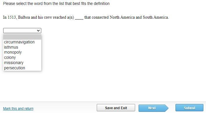 Please select the word from the list that best fits the definition In 1513, Balboa-example-1