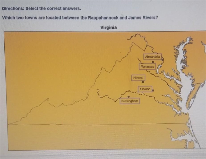 Which two towns are located between the Rappahannock and James Rivers? ​-example-1