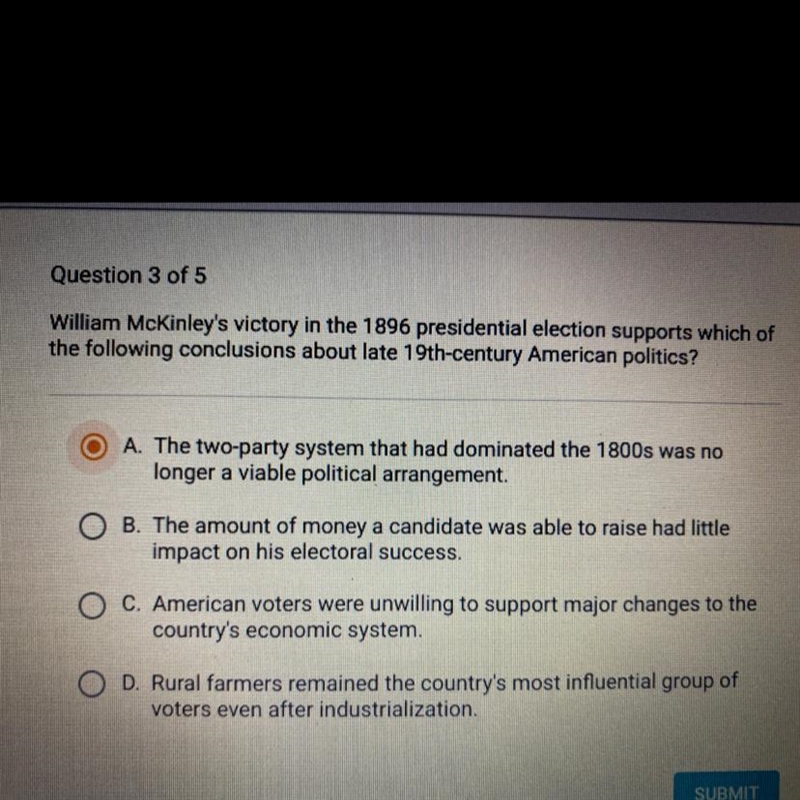 William McKinley’s victory in the 1896 presidential election supports which of the-example-1