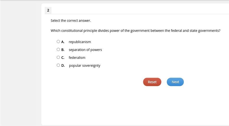 Which constitutional principle divides power of the government between the federal-example-1