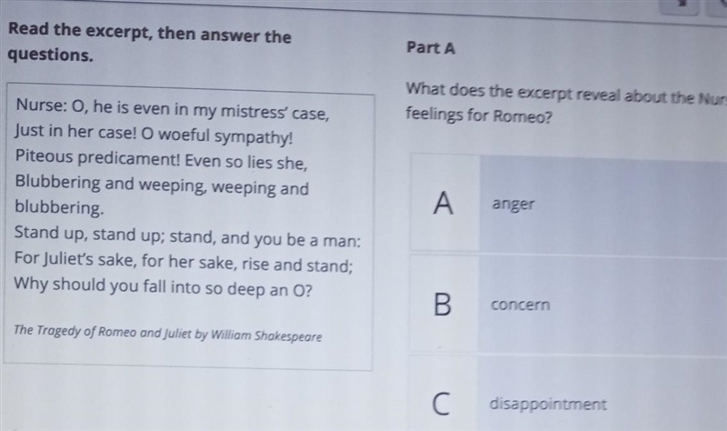 Part A What does the excerpt reveal about the Nurse's feelings for Romeo? A anger-example-1