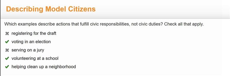 Which examples describe actions that fulfill civic responsibilities, not civic duties-example-1