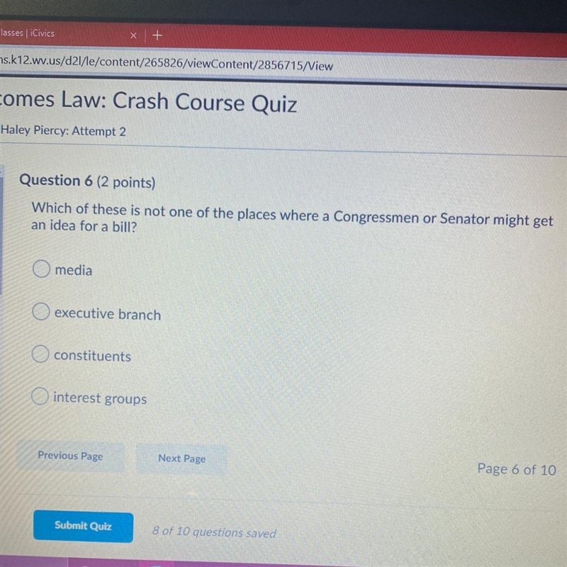 Question 6 (2 points) Which of these is not one of the places where a Congressmen-example-1