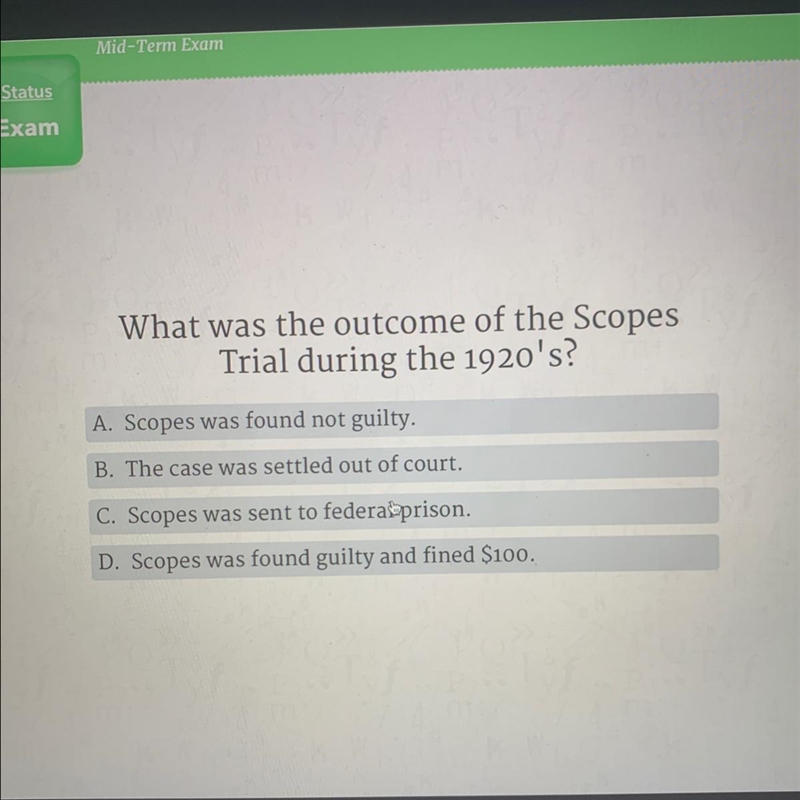 What was the outcome of the Scopes Trial during the 1920's? A. Scopes was found not-example-1