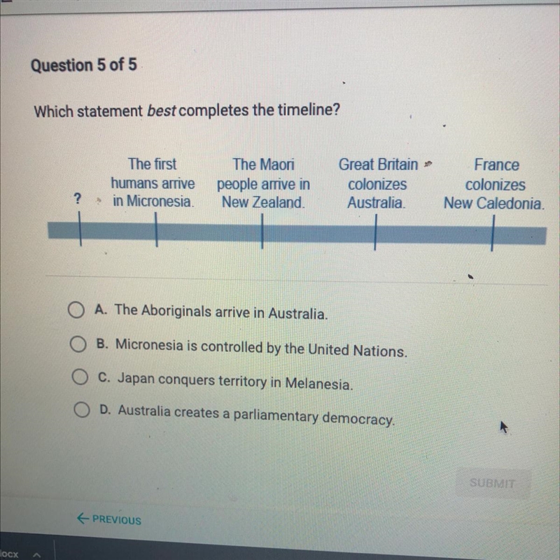 Which statement best completes the timeline? The first humans arrive in Micronesia-example-1