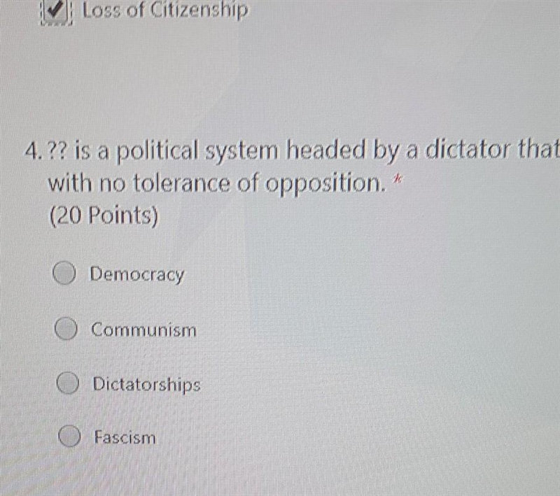 ?? is a political system headed by a dictator that calls for extreme nationalism and-example-1