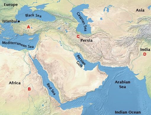 This map shows the Middle East around 1600. Which region was ruled by the Ottoman-example-1