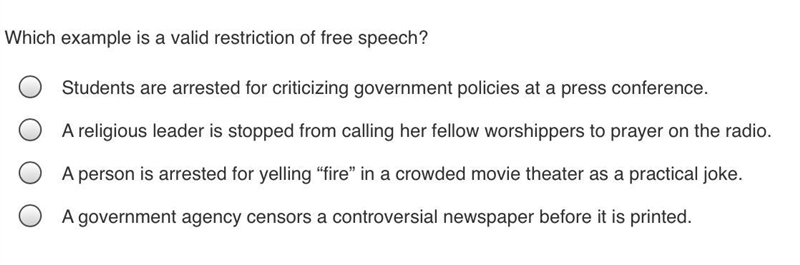 HAAAAAAAAAAALLLLLLLLLLPPPPPPPP plz Which example is a valid restriction of free speech-example-1