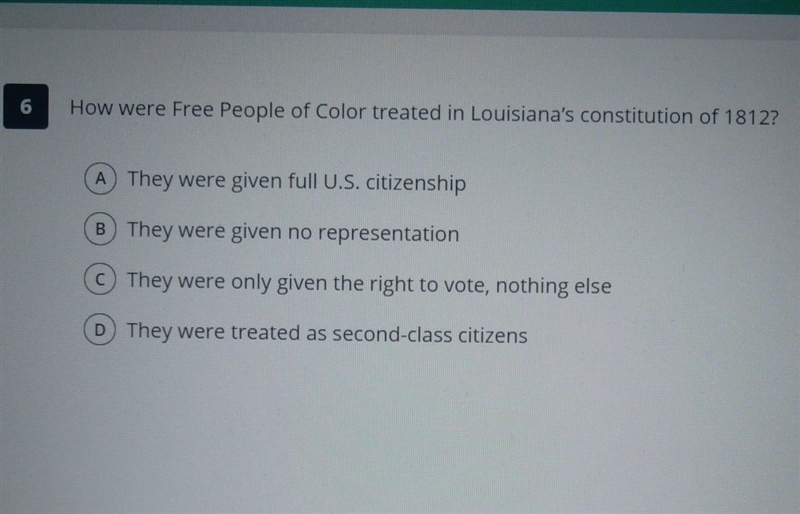 How were Free People of Color treated in Louisiana's constitution of 1812?​-example-1