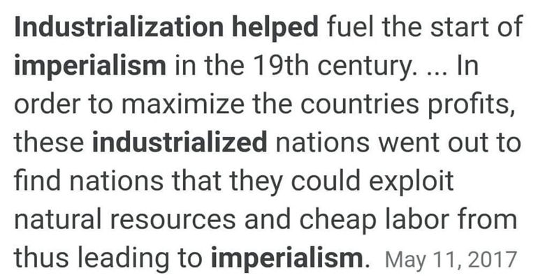 Explain how industrialization helped motivate imperialism.(Need answer ASAP pls help-example-1