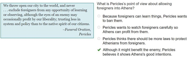 We throw open our city to the world, and never . . . exclude foreigners from any opportunity-example-1