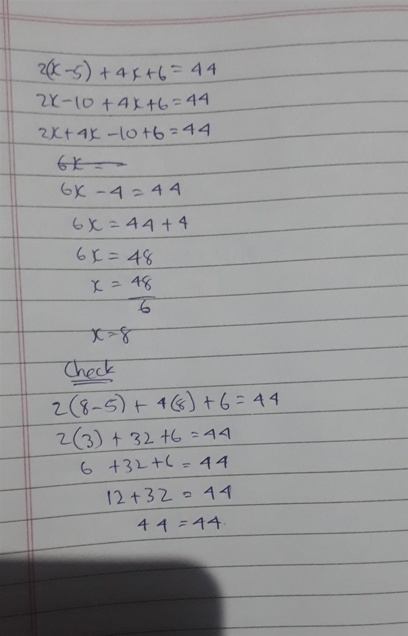 Solve 2(x – 5) + 4x + 6 = 44-example-1