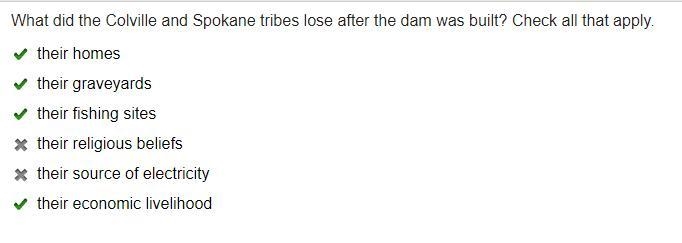 What did the Colville and Spokane tribes lose after the dam was built? Check all that-example-1