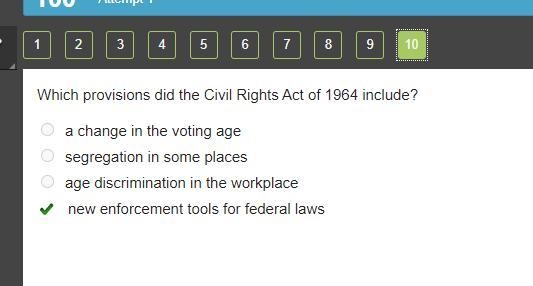 Which provisions did the Civil Rights Act of 1964 include? O a change in the voting-example-1