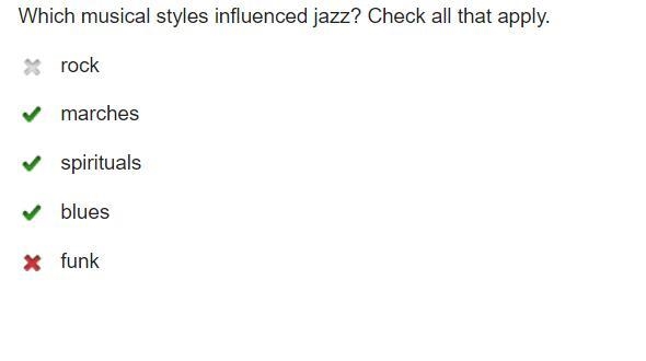 2 TIME REN 441 Which musical styles influenced jazz? Check all that apply, rock marches-example-1