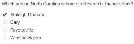 Which area in North Carolina is home to Research Triangle Park? Raleigh-Durham Cary-example-1