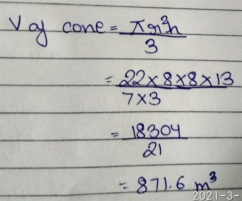 I need help to determine the volume of cone with height 13 m and radius 8 m-example-1