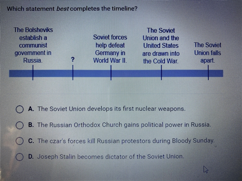 Which statement best completes the timeline? The Bolsheviks establish a communist-example-1