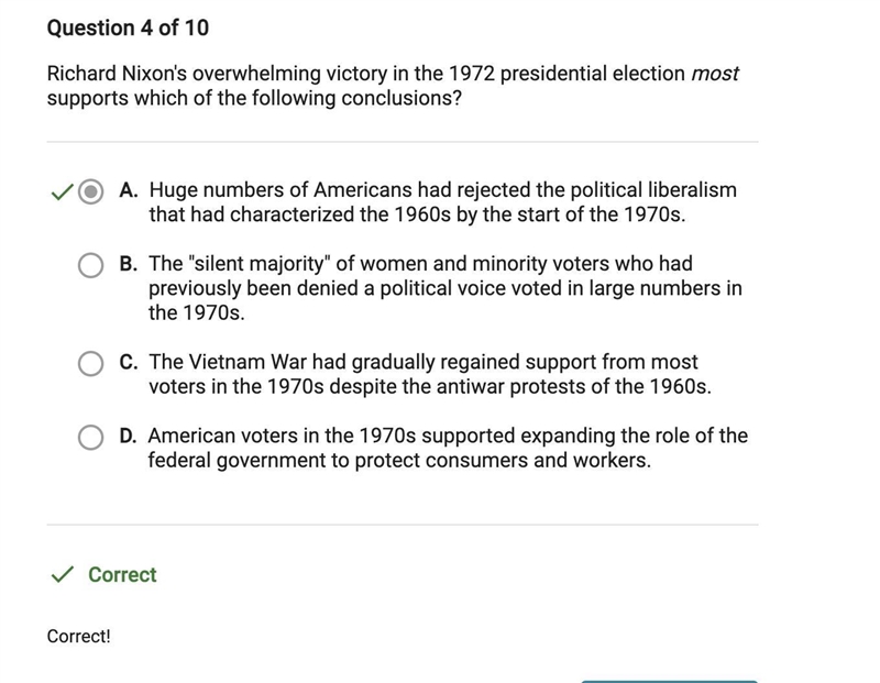 Richard Nixon's overwhelming victory in the 1972 presidential election most supports-example-1