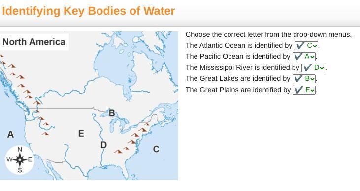 Hurry please!!!!!!!!!!!!!!! A map titled North America with labels A through E. A-example-1