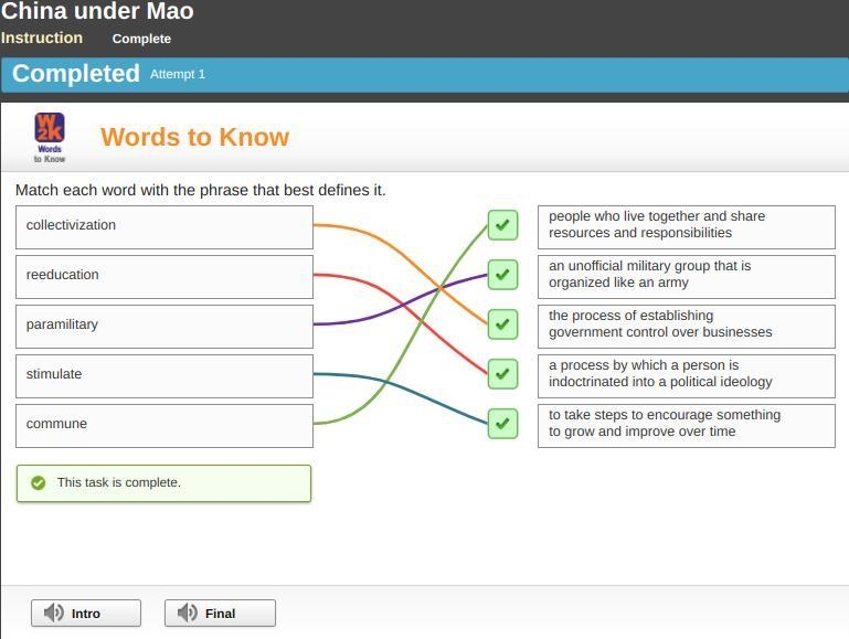 Match each word with the phrase that best defines it. stimulate ta the process of-example-1